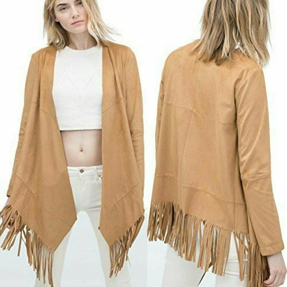 Zara Open Front Jacket Tan Brown Faux Suede Boho Western Fringe Cardigan Small